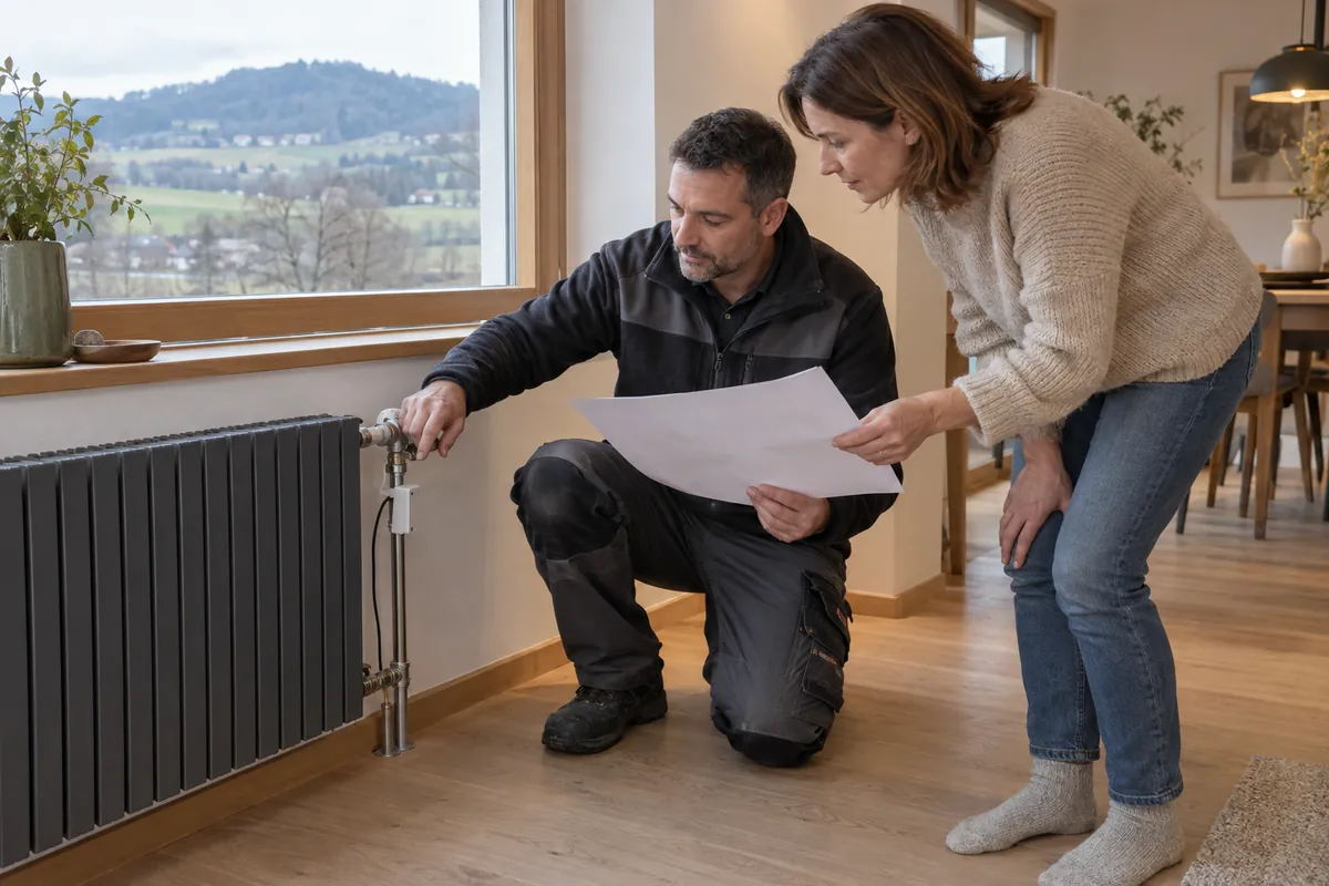 Installateur mesurant un radiateur dans une maison suisse romande avant le choix d’une pompe à chaleur air-eau