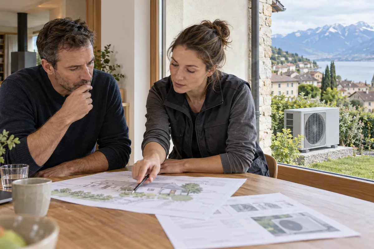 Propriétaire et installatrice vérifiant le dossier d’une pompe à chaleur dans une maison vaudoise avec vue sur le Léman et les Préalpes