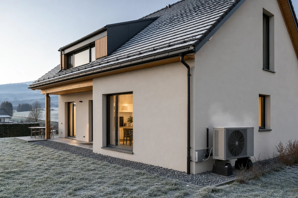 Pompe à chaleur air-air installée sur une maison du plateau suisse par une matinée hivernale