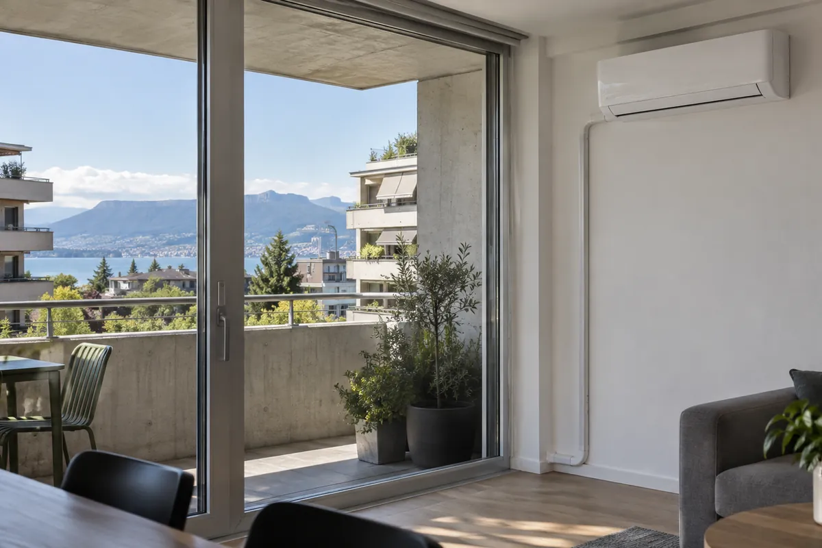Séjour d’un appartement suisse romand avec climatisation murale et évacuation discrète des condensats vers le balcon
